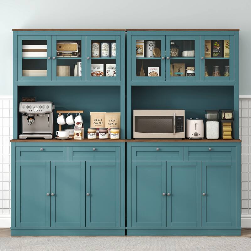 Tall Adjustable Shelves Kitchen Pantry Cabinet with Glass Doors and 8 Compartments 2 Drawers - 39.4" W x 15.7" D x 70.9" H