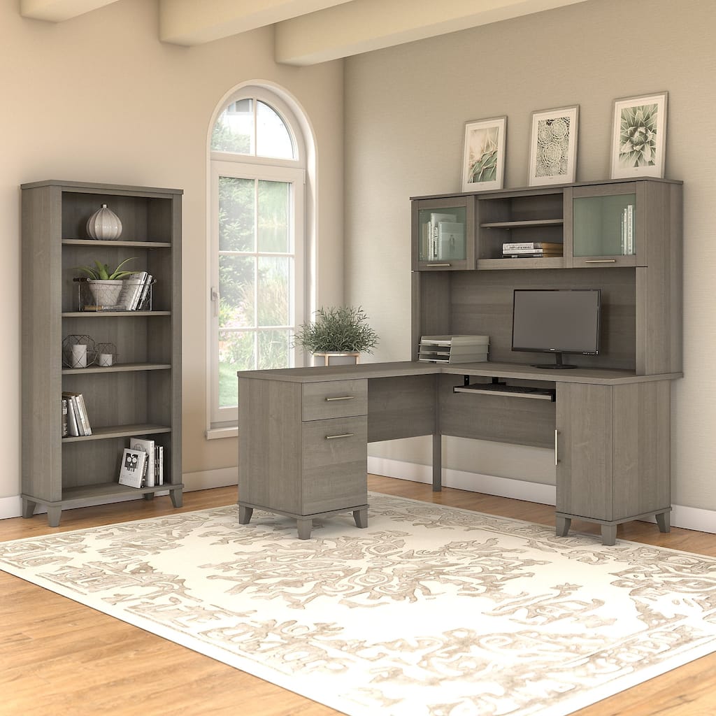 Somerset 60W L Shaped Desk with Hutch and 5 Shelf Bookcase in Ash Gray