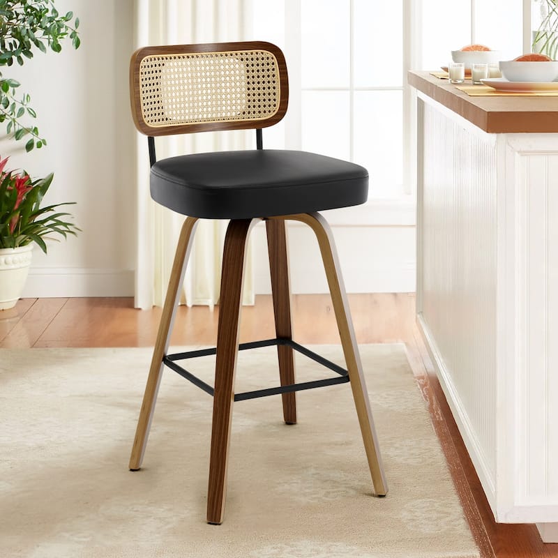 26"/29" Swivel Bar Stools/ Counter Stools with Bentwood Legs - Single - Black-Rattan Back - Bar Height