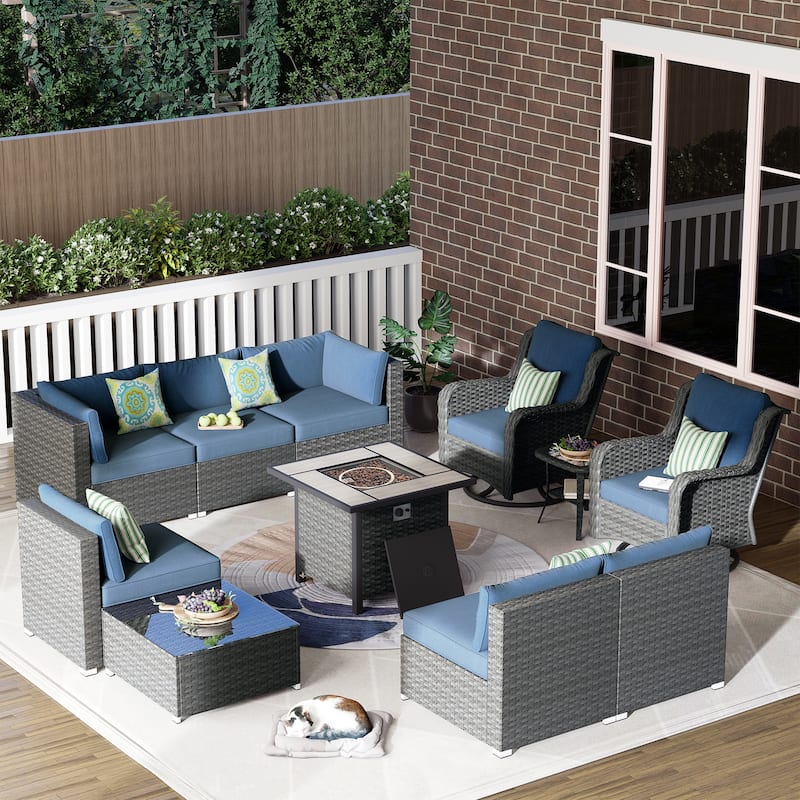 OVIOS 11-Piece Low-profile Swivel Chair Fire Table Outdoor Patio Furniture Set - Denim Blue
