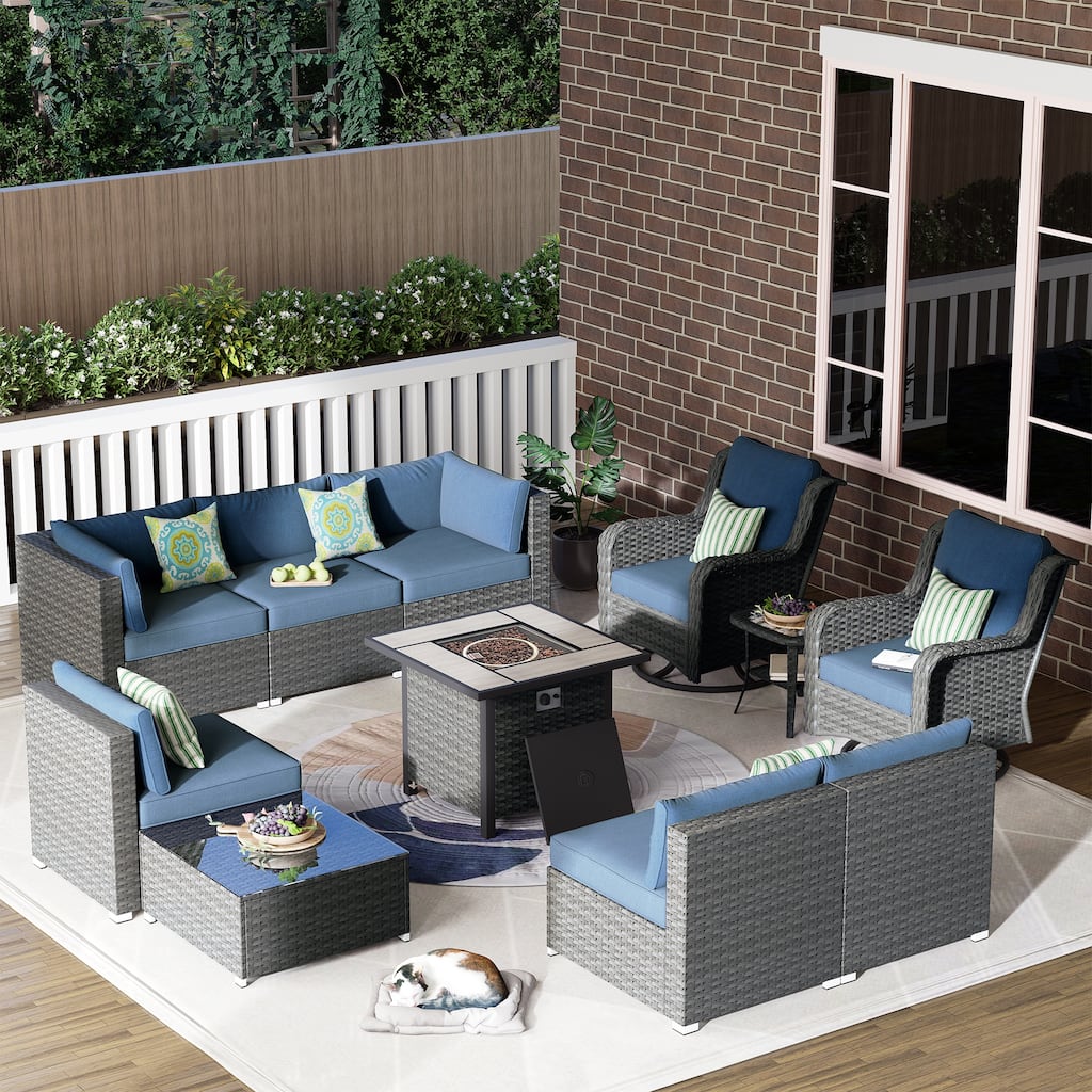 OVIOS 11-Piece Low-profile Swivel Chair Fire Table Outdoor Patio Furniture Set