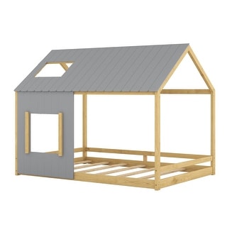 Full House Bed with Roof & Window - Pine Wood Support for Kids