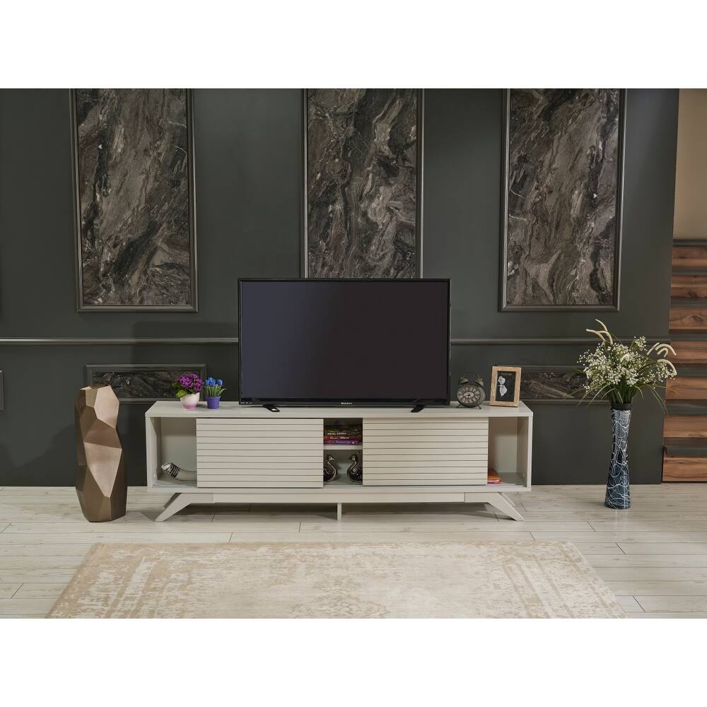 Elegant White Mid Century TV Stand with Sliding Doors & Open Storage - Fits TVs up to 67 Inches