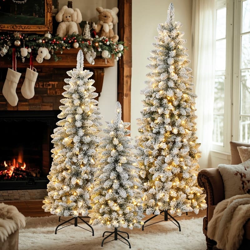 3 Pcs Flocked Artificial Christmas Tree Set, 4ft 5ft 6ft Christmas Snow Tree Set with Light - N/A