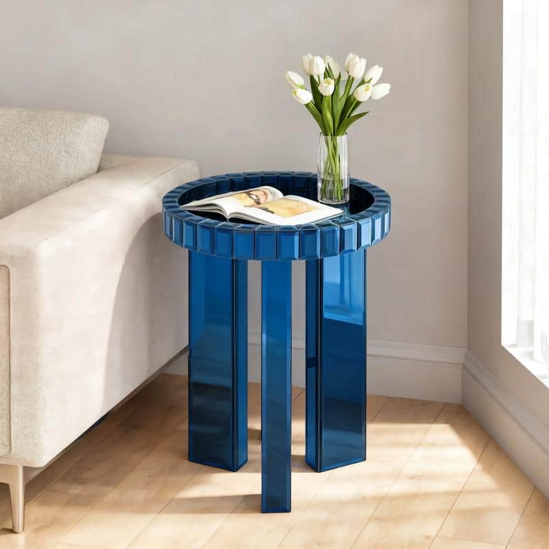 Modern Round Glass End Table with Tray Top - Blue