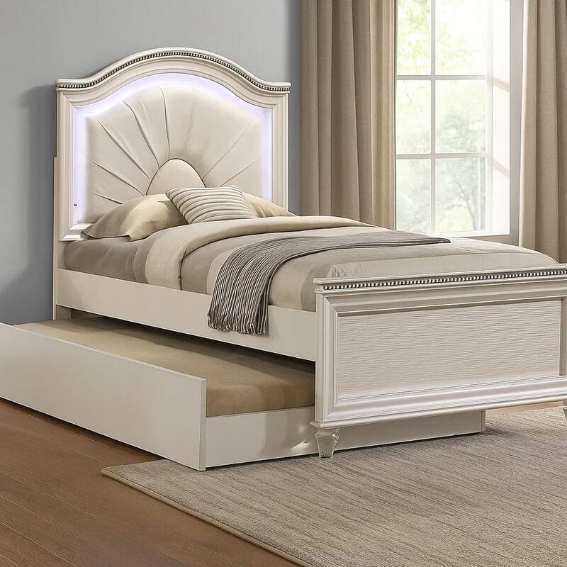 Jisoo Twin Size Bed, Pearl White Upholstery, Radial Arch Headboard