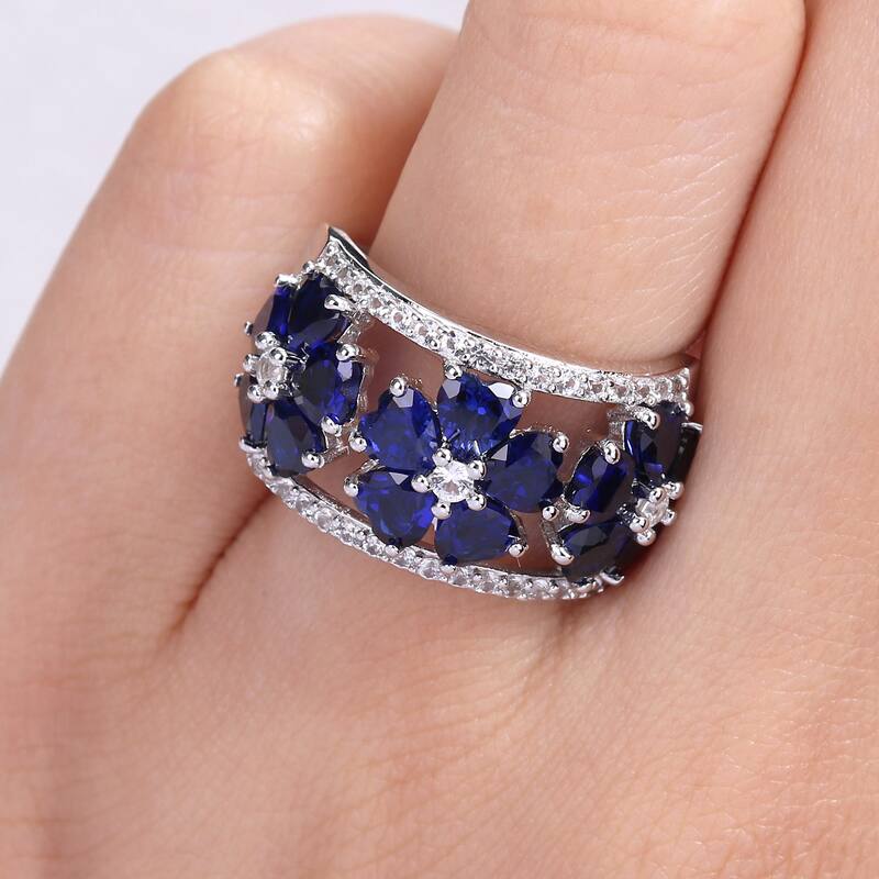 Miadora Heart-cut Created Blue & White Sapphire Triple Floral Cocktail Ring in Sterling Silver