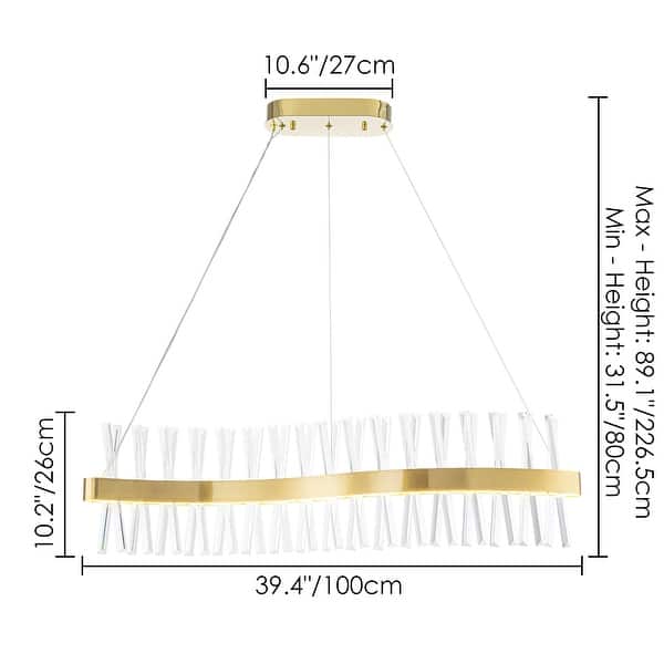 dimension image slide 1 of 2, 36W Mid-Century Modern Gorgeous Brushed Gold S-Shaped Long Linear Crystal Integrated LED Island Light for Dining Room