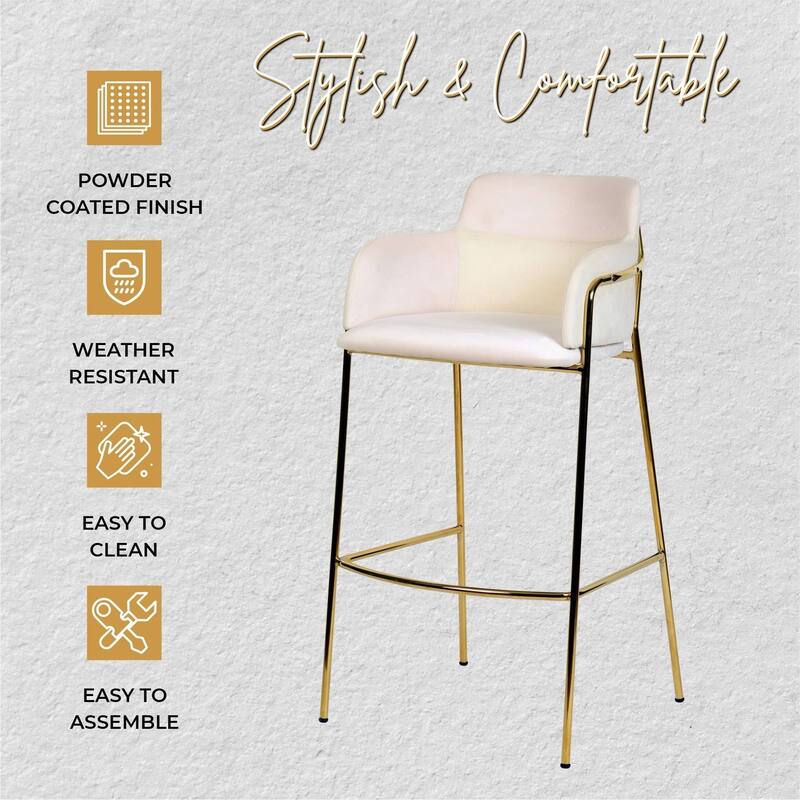 LeisureMod 40" Low-Back Velvet Upholstered Bar Stool with Gold Stainless-Steel Frame for Home Living Room Kitchen & Bar