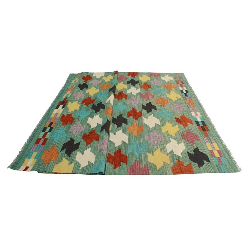 Modern Flatweave Elian Green/Ivory Rug - 6'9" x 9'10"