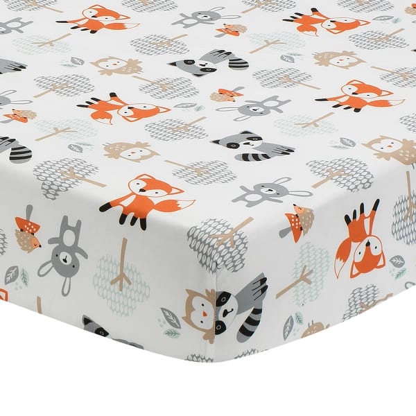 slide 2 of 5, Bedtime Originals Woodland Friends Fox/Owl/Raccoon Fitted Crib Sheet - White