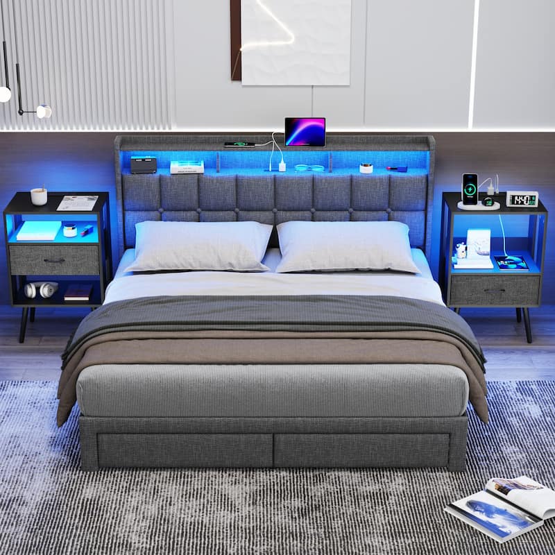 Modern 2-Piece Nightstand with Charging Station and LED Light