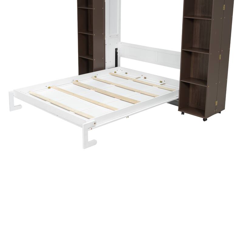 Queen Size Murphy Bed with Cabinets, Storage Wall Bed with Movable Bookcase, Wood Folding Bed Frame