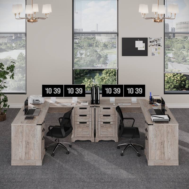 L Shaped Desk Set of 2, Wood Office Desk with Charging Station - Grey