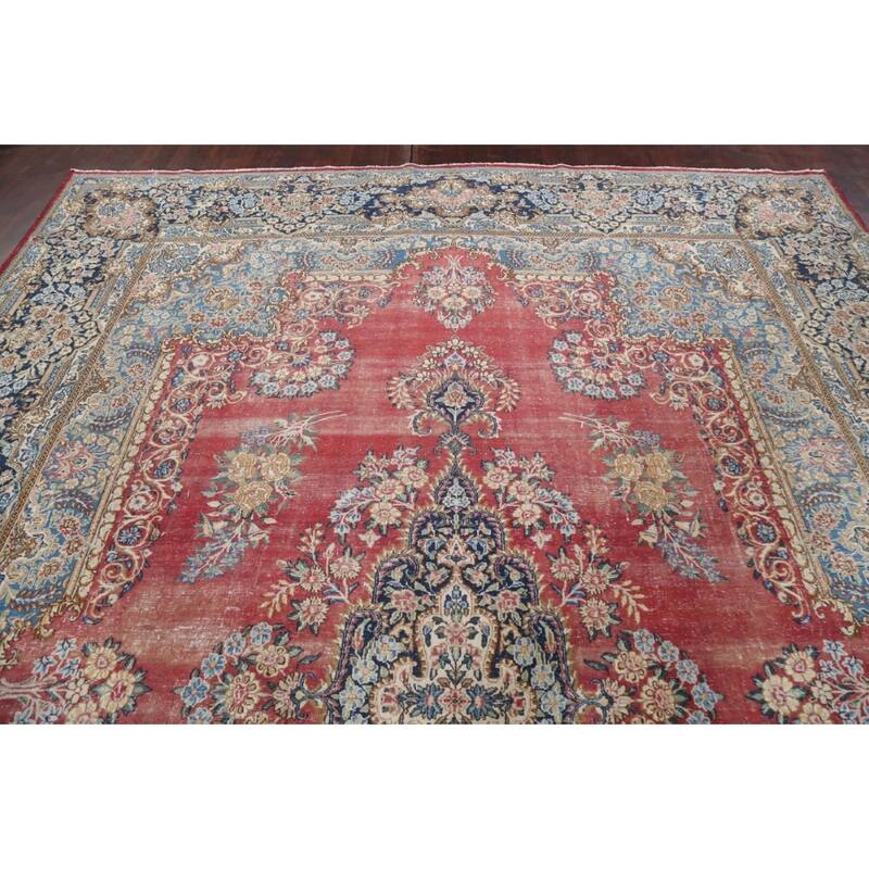 Antique Vegetable Dye Floral Kerman Persian Wool Area Rug Hand-knotted - 11'0" x 14'5"