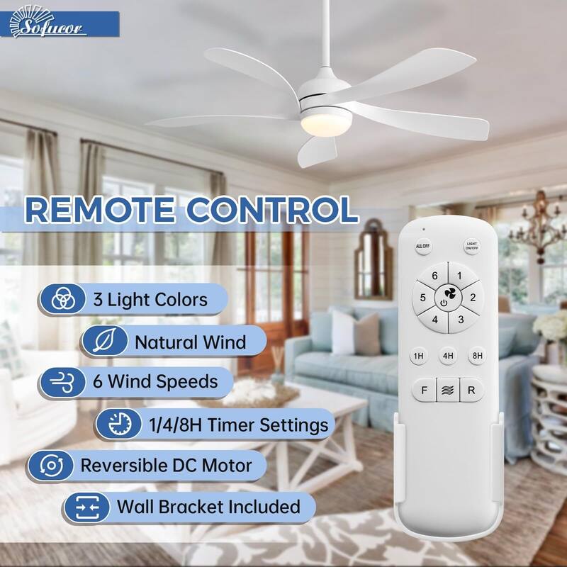 52 Inch Ceiling Fan with Remote & Lights Quiet DC Motor 5 Blade High CFM Modern Fan