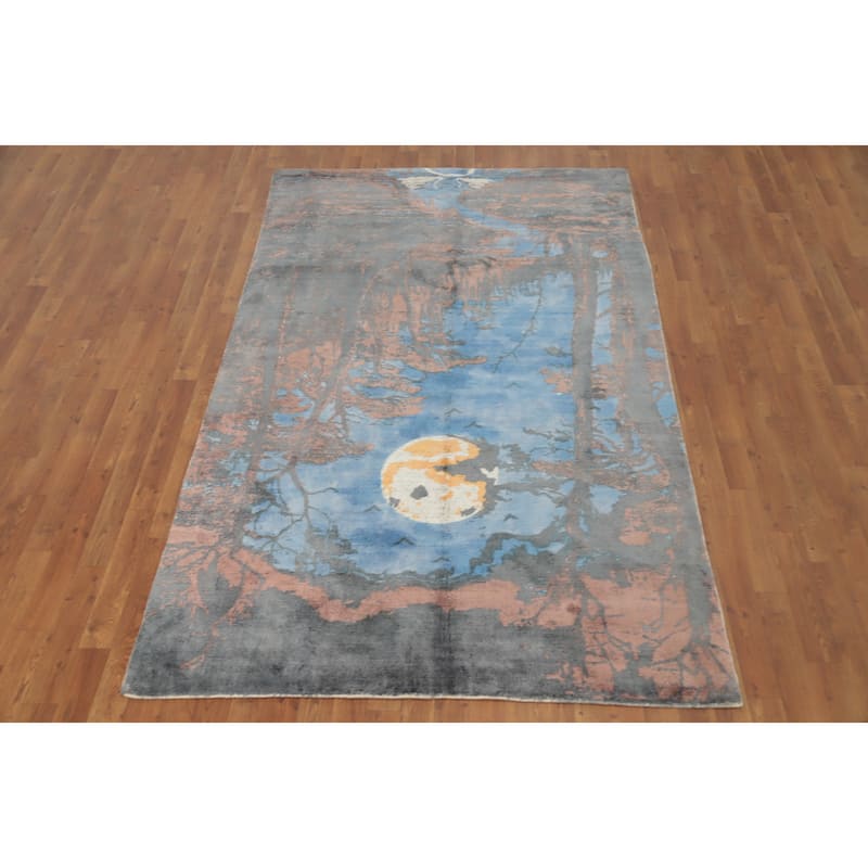 Hand Knotted Oriental Viscose Silk Carpet Modern Pictorial Navy Blue & Blues Abstract Area Rug - 8' 0'' X 4' 11''