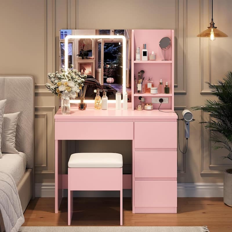 4 Drawers Vanity Desk with Power Outlet, Stool, Mirror and LED Light