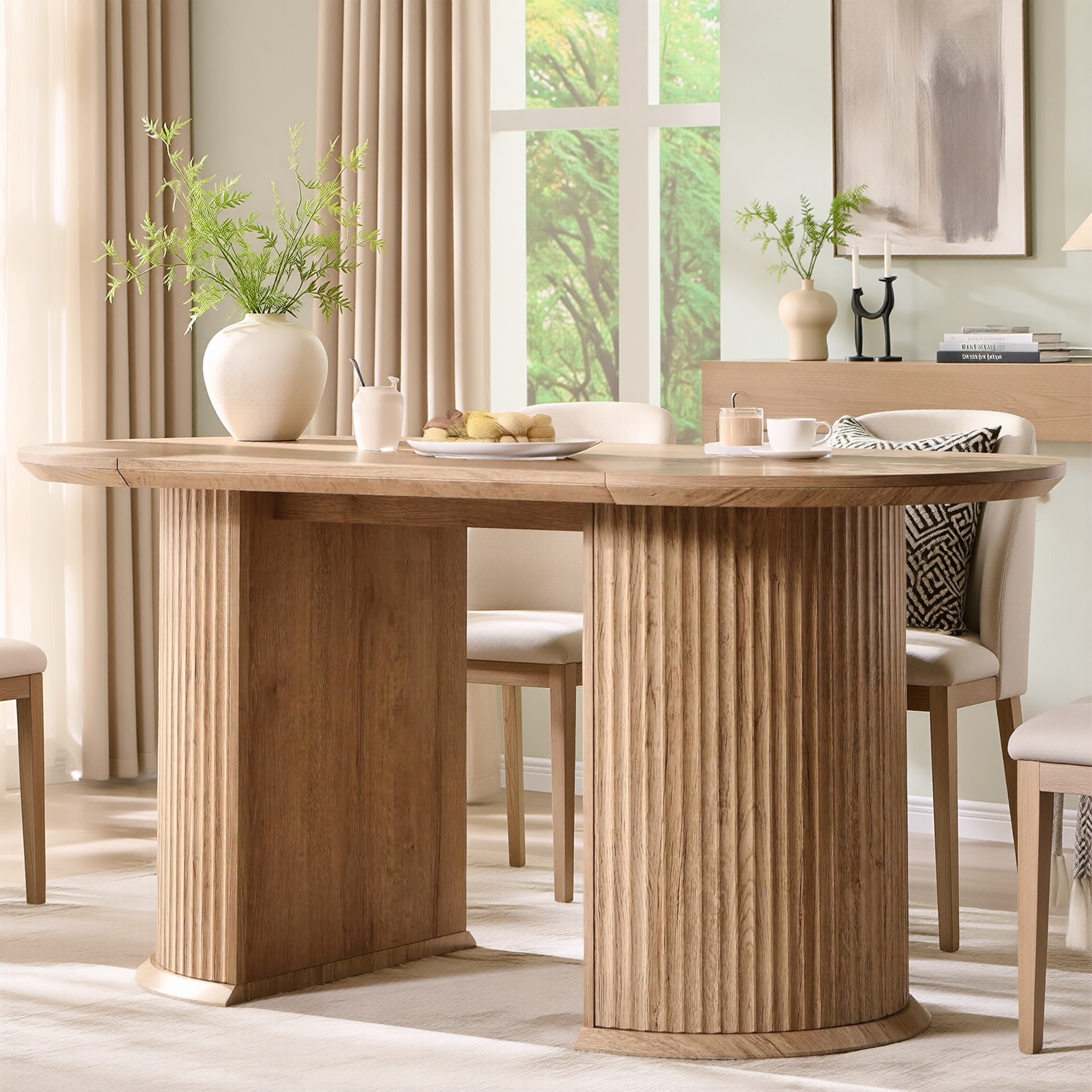 Modern 63" Fluted Oval Dining Table, Thick Edge Semicylindrical Base - N/A