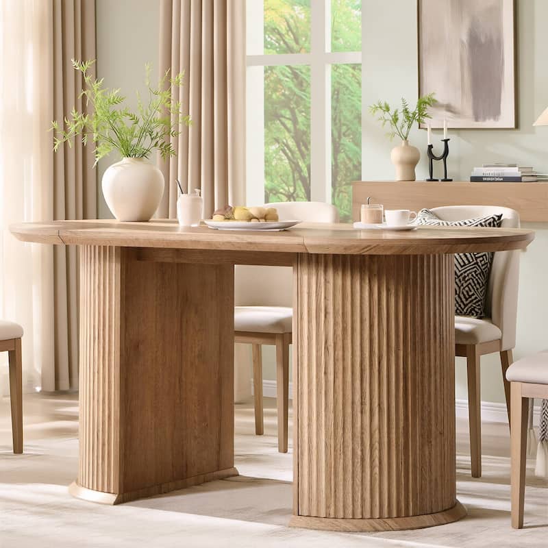 Modern 63" Fluted Oval Dining Table, Thick Edge Semicylindrical Base - N/A - Natural Oak