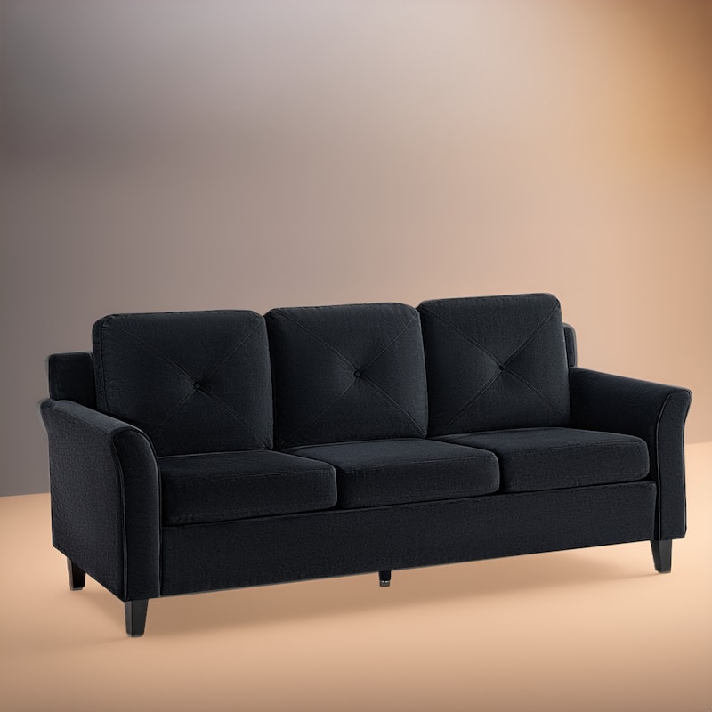 Stylish Sofa Combo: Chesterfield Sofa with Rolled Arms and Button Tufted Flared Arms Microfiber Couch for Small Spaces - Black;Microfiber