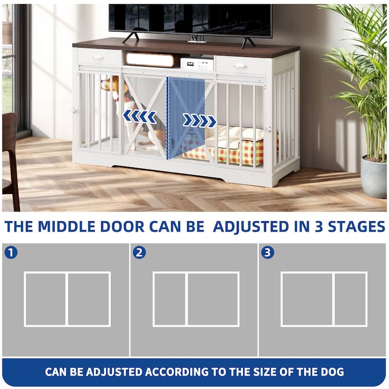 Moasis 62.6" Width Dog Crate Furniture Large Breed TV Stand with Drawers & Sliding Doors and Power Outlet