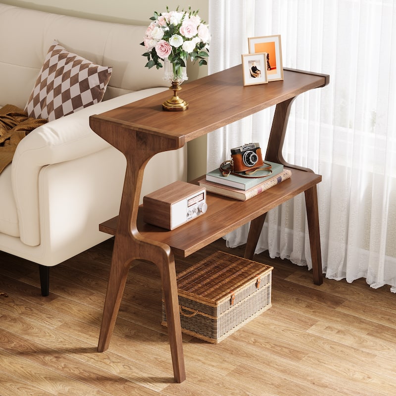 Narrow End Table for Living Room, 2-Tier Slim Sofa Side Table - Walnut