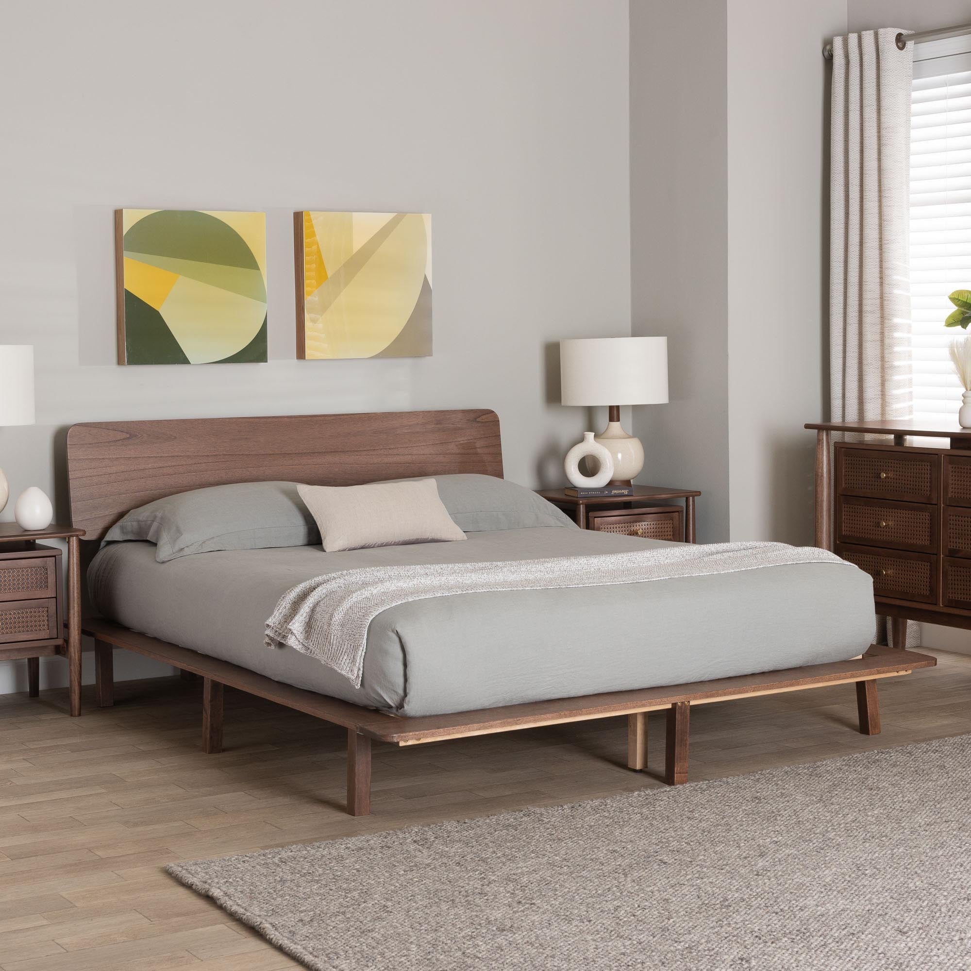Alyssa Japandi Walnut Brown Wood Platform Bed - On Sale - Bed Bath