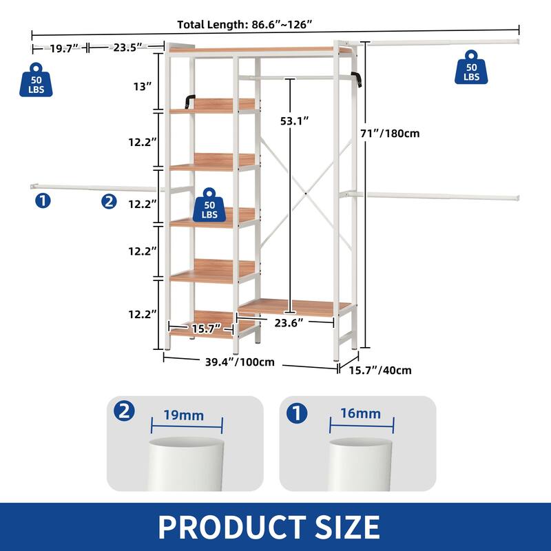 Moasis 86.6" - 118"W Adjustable Heavy Duty Garment Rack Closet Organizer System With 4 Expandable Hanger Rods