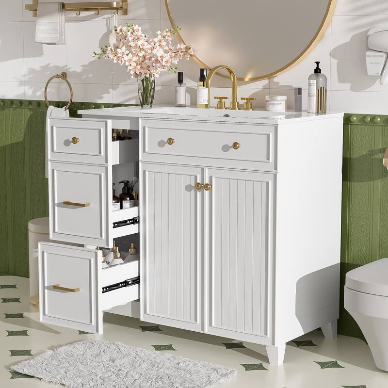 Modern Bathroom Vanity and Ceramic Sink Combo Set, 36" Bathroom Vanity Cabinet with Double-Layer Drawers & Adjustable Shelves