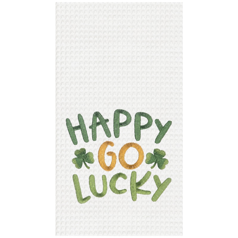 St. Patrick's Day "Happy Go Lucky" Shamrocks Waffle Weave Cotton Kitchen Dishtowel