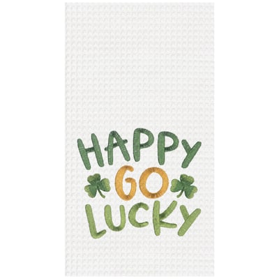 St. Patrick's Day "Happy Go Lucky" Shamrocks Waffle Weave Cotton Kitchen Dishtowel