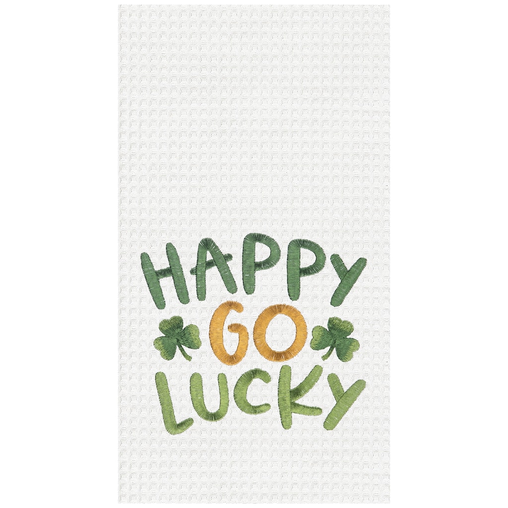 St. Patrick's Day "Happy Go Lucky" Shamrocks Waffle Weave Cotton Kitchen Dishtowel