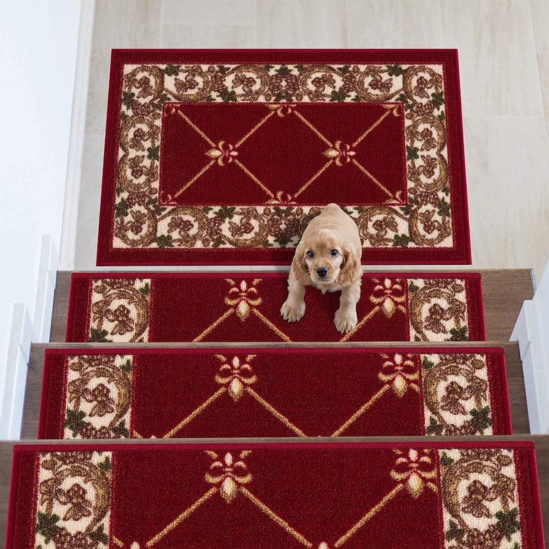 Stair Treads Fleur De Lis Floral Design Non Slip Backing, 8.5''X26'' - Set of 3 - Red