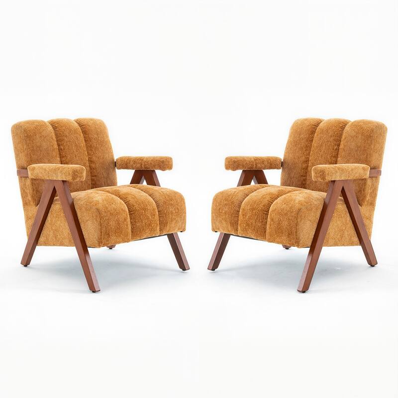 Mid Century Modern Accent Chair, Chenille Armchair with Solid Wood Legs, Channel Tufted Comfy Reading Chair for Living Room - Set-of-2-Camel