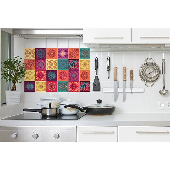 Walplus Colorful Mandala Tile Stickers Peel and Stick Wall Sticker 4"x4"