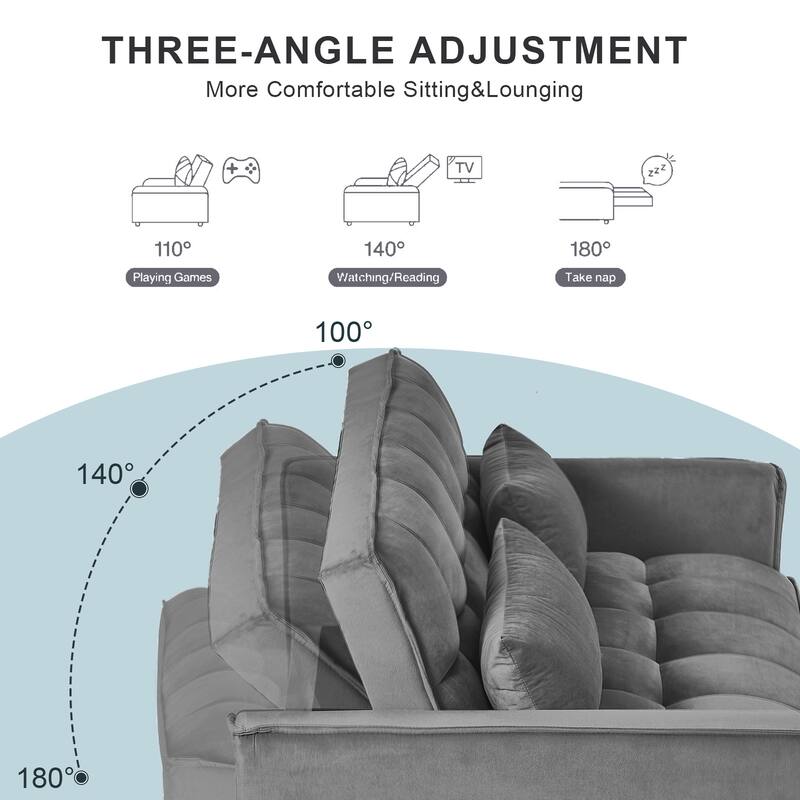 3-in-1 Velvet Convertible Sofa Bed, Adjustable Backrest with Pockets