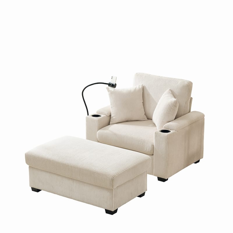 55"Oversized Chaise Lounge Chair with Ottoman and Storage,Sleeper Chair with Cup Holder,Mobile Phone Stand&USB Charging Port