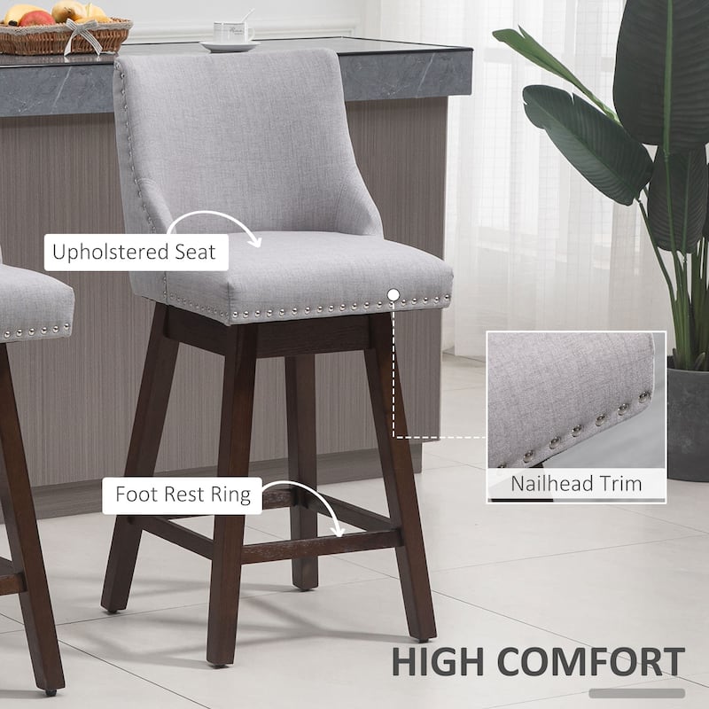 HOMCOM 28" Swivel Counter Height Bar Stools with Backs, Upholstered Dining Room and Kitchen Bar Stools Set of 2 with Wood Legs