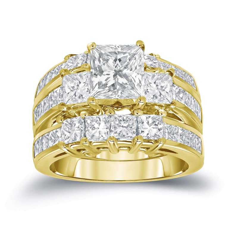 Auriya 14k Gold 4ct TDW 3-Stone Princess-Cut Diamond Engagement Ring 3pc Set Certified