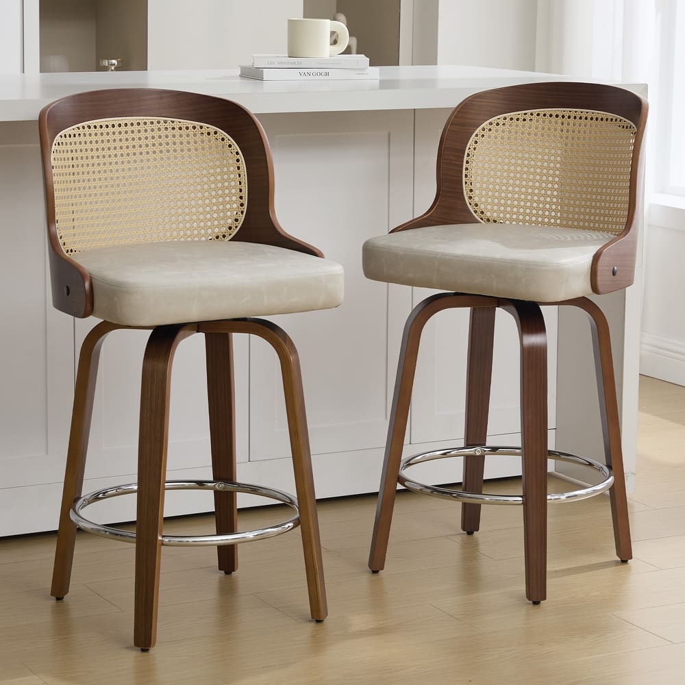 26" Upholstered Swivel Counter & Bar Stool with Rattan Back - 37.4"H x 19.09"W x 19.88"D