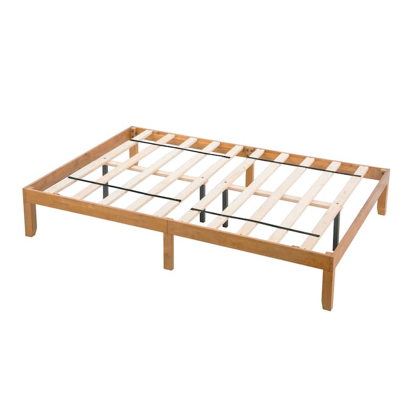 Brown+White Queen Size Wooden Platform Bed with Slat Support