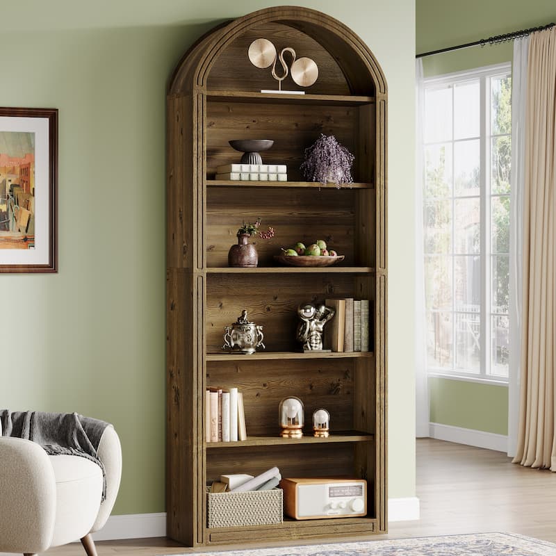 75.98" Tall Arched Bookcase with 6 Storage Shelves - 11.81"D x 31.5"W x 75.98"H