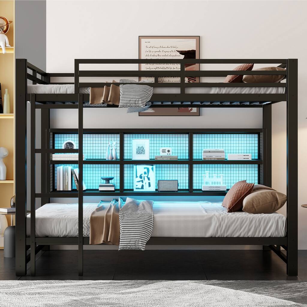 Heavy Duty Metal Queen over Queen Bunk Bed Frame with Storage Shelves, Queen Size LED Bunkbed Frame, Metal Slat Support