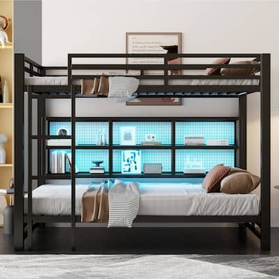 Queen Over Queen Bunk Bed, Black Metal Bed Frame with Storage Cabinets and LED, Metal Slat Support, Guardrail, Ladder