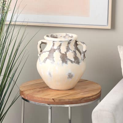 Cream Ceramic Antique Style Pot Decorative Vase with Curved Handles