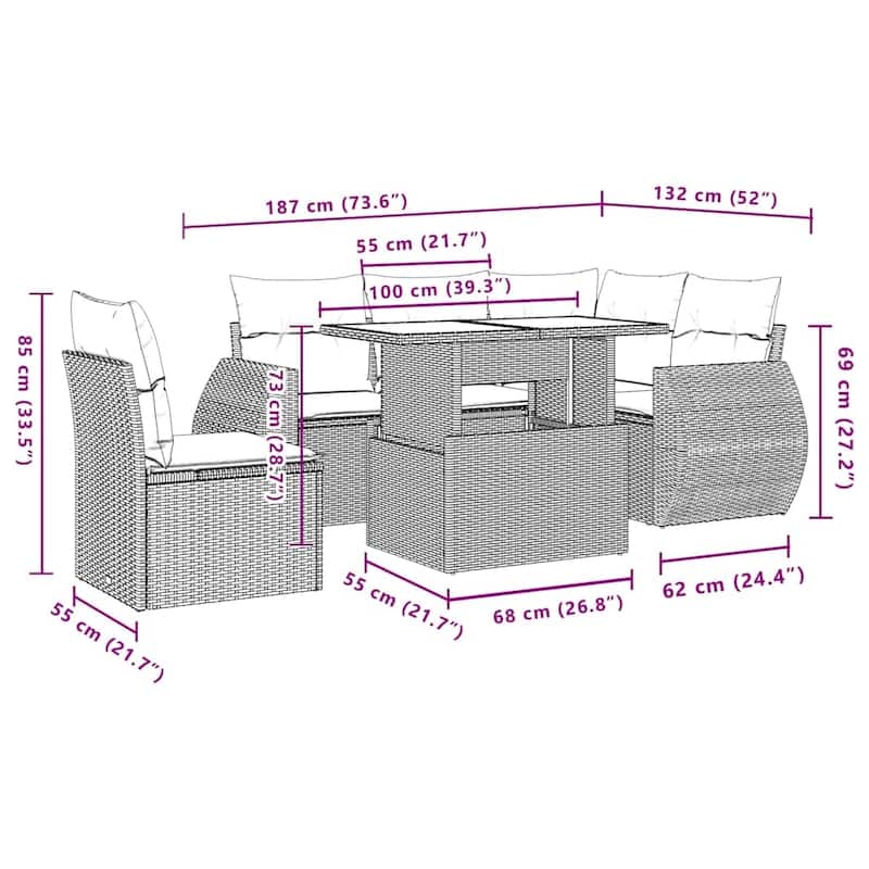 vidaXL Patio Sofa Set with Cushions and Table Outdoor 6 Piece Poly Rattan - 24.4 x 24.4 x 27.2