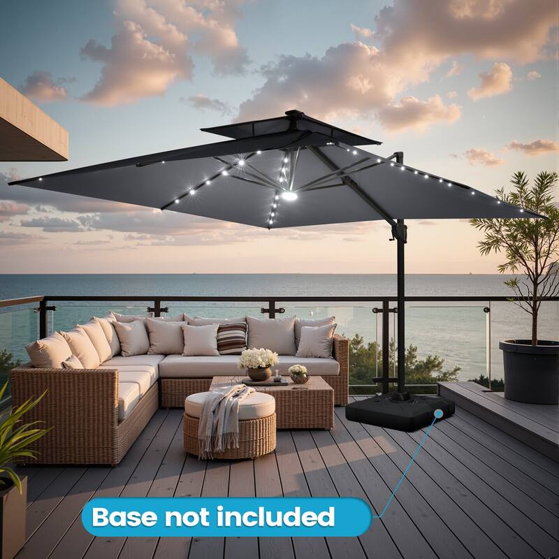 11 FT Square Outdoor Premium Double Top Solar Powered LED Patio Cantilever Umbrella - Dark Grey