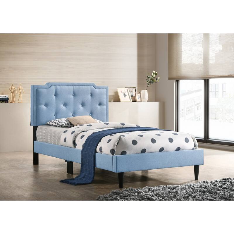 Twin Bed Frame Blue Farmhouse Style, Tufted Headboard & Footboard, Adjustable, 42x81x47 Inch