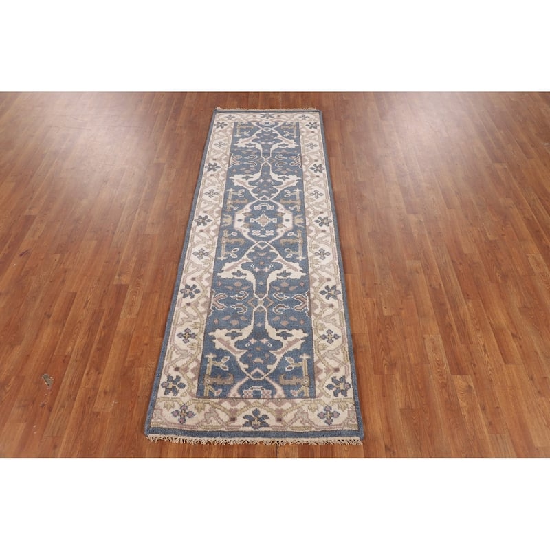 Blue & Ivory Oushak Oriental Runner Rug Handmade Wool Carpet - 2'9"x 7'9"